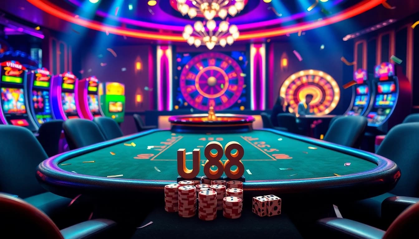 Experience the excitement of uu88 at a luxurious casino table with players and vibrant games.