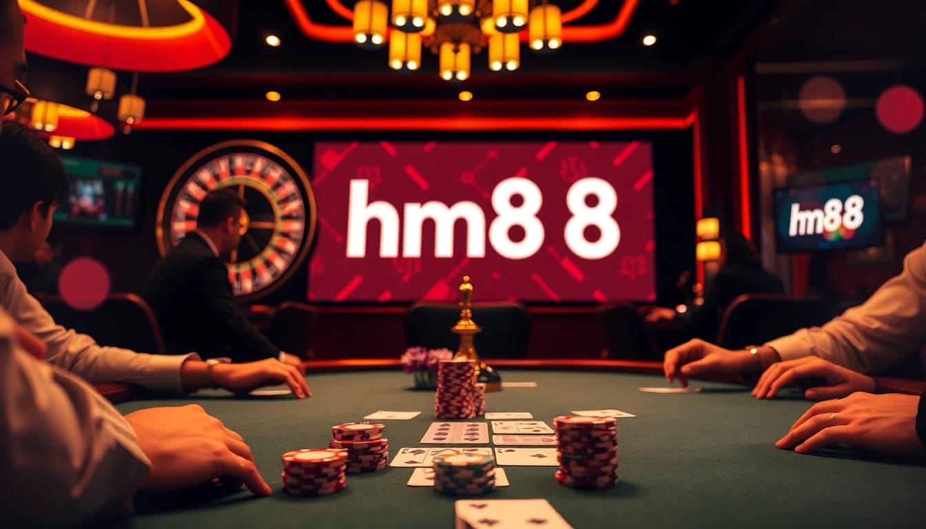 Players strategizing at a poker table under warm lighting, featuring hm88 themed decor and chips.