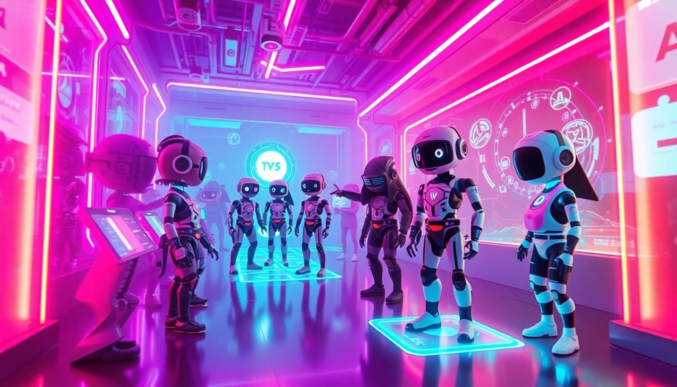 Dynamic interaction among NSFW character AI avatars in a vibrant futuristic digital landscape.