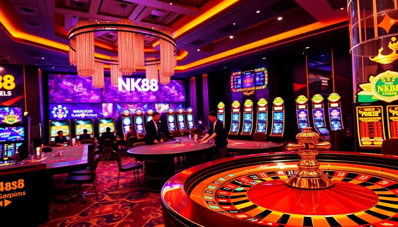 Gamblers enjoying the NK88 online gaming experience with casino tables and vibrant slot machines.