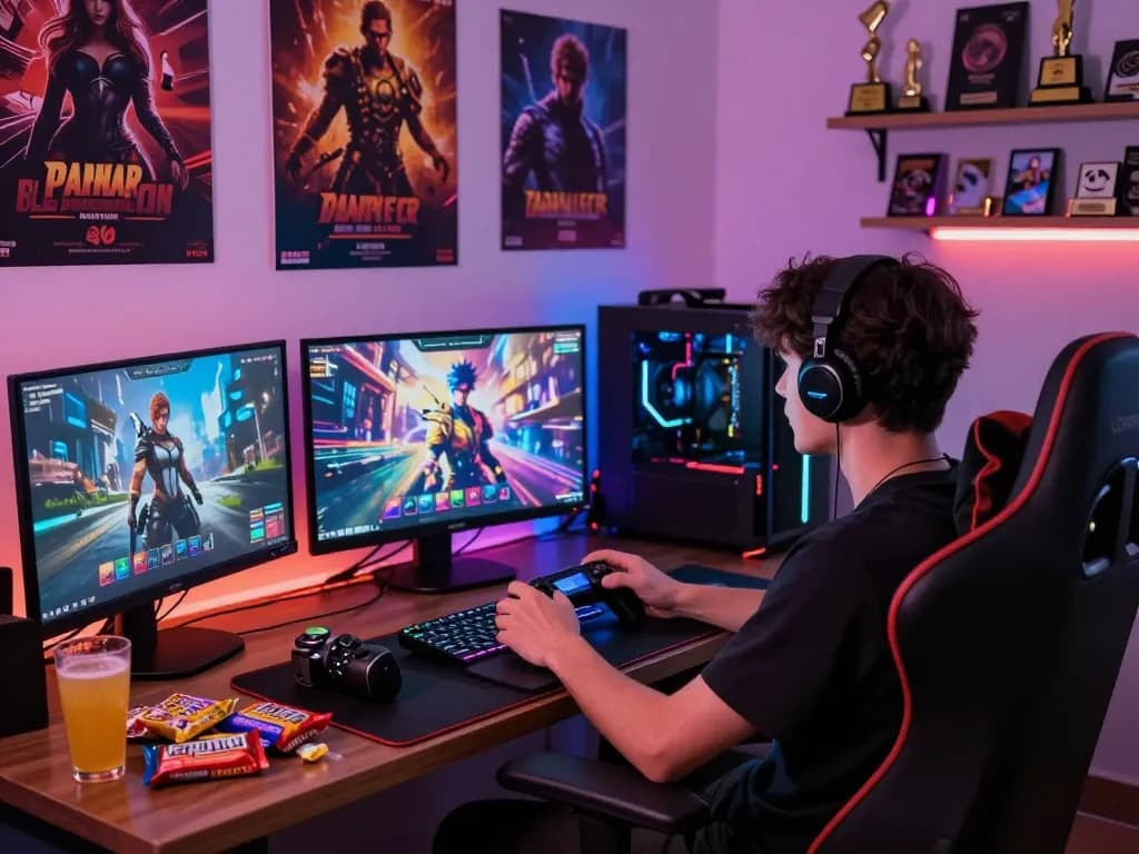Player immersed in real porn games on a laptop, vibrant gaming setup and engaging atmosphere.
