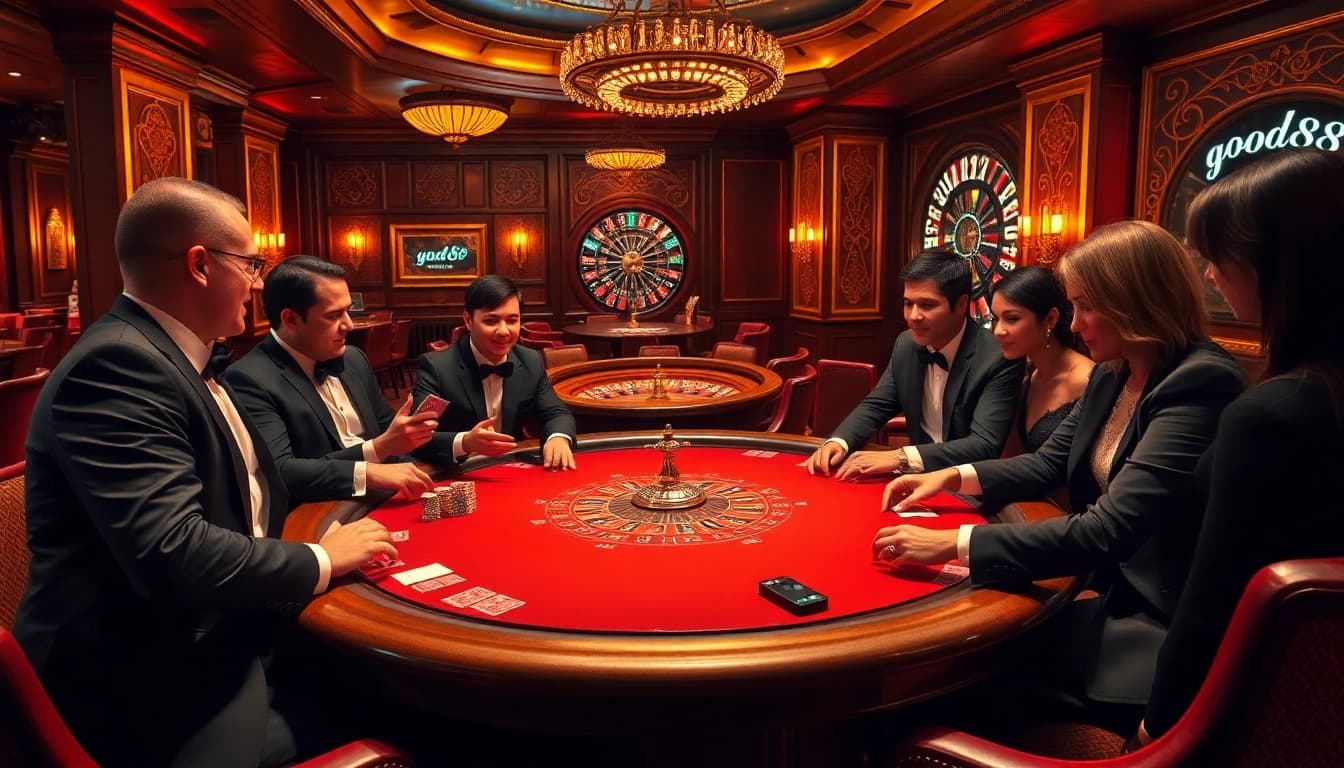 Compelling poker game night highlighting good88 elements and luxurious casino ambiance.