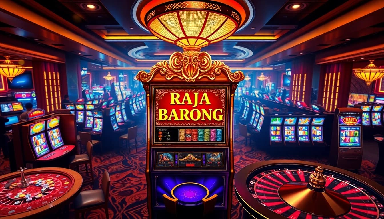 Players celebrate wins at the Raja Barong slot machine inside a luxurious casino, showcasing thrilling excitement.