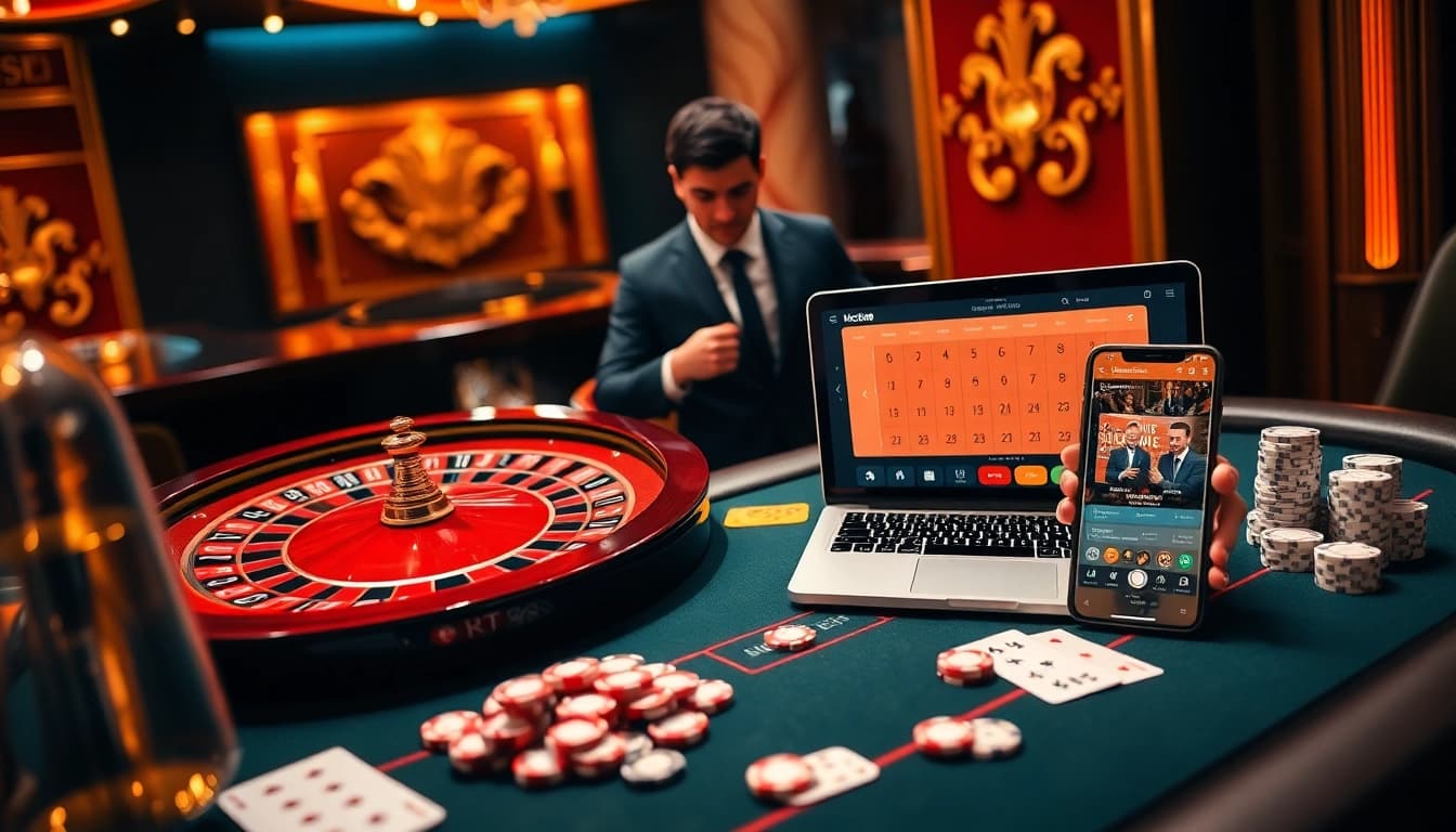 Engaging scene of a luxurious online gambling setup at nhà cái lc88 with roulette and poker tables.