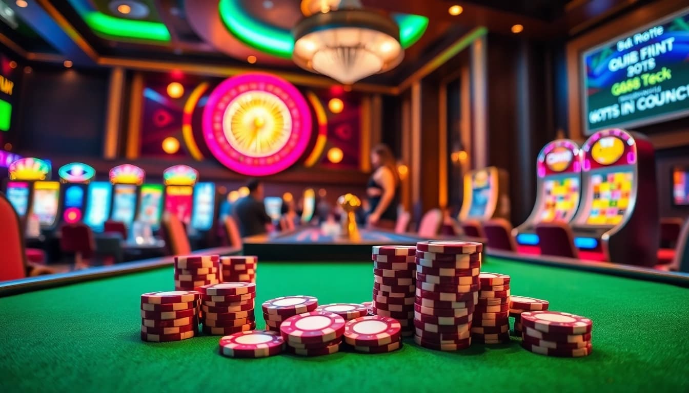 Experience the thrill of Gg88 Tech at an upscale casino, featuring vibrant tables and dynamic gaming action.