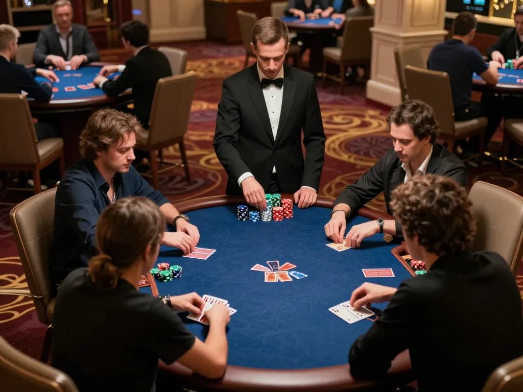 Players engaged in a high-stakes poker game at an upscale casino, showcasing Khuyến mãi UU88 loyalty and strategy.