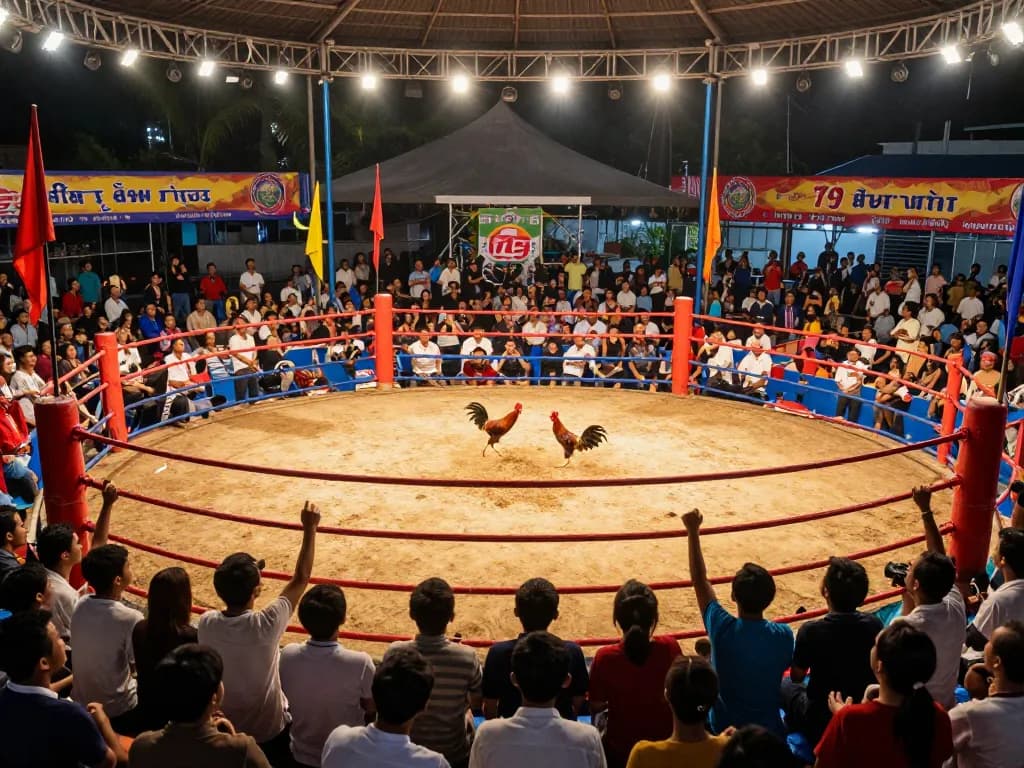 Engaging đá gà 79king event showcasing an intense rooster fight with eager spectators
