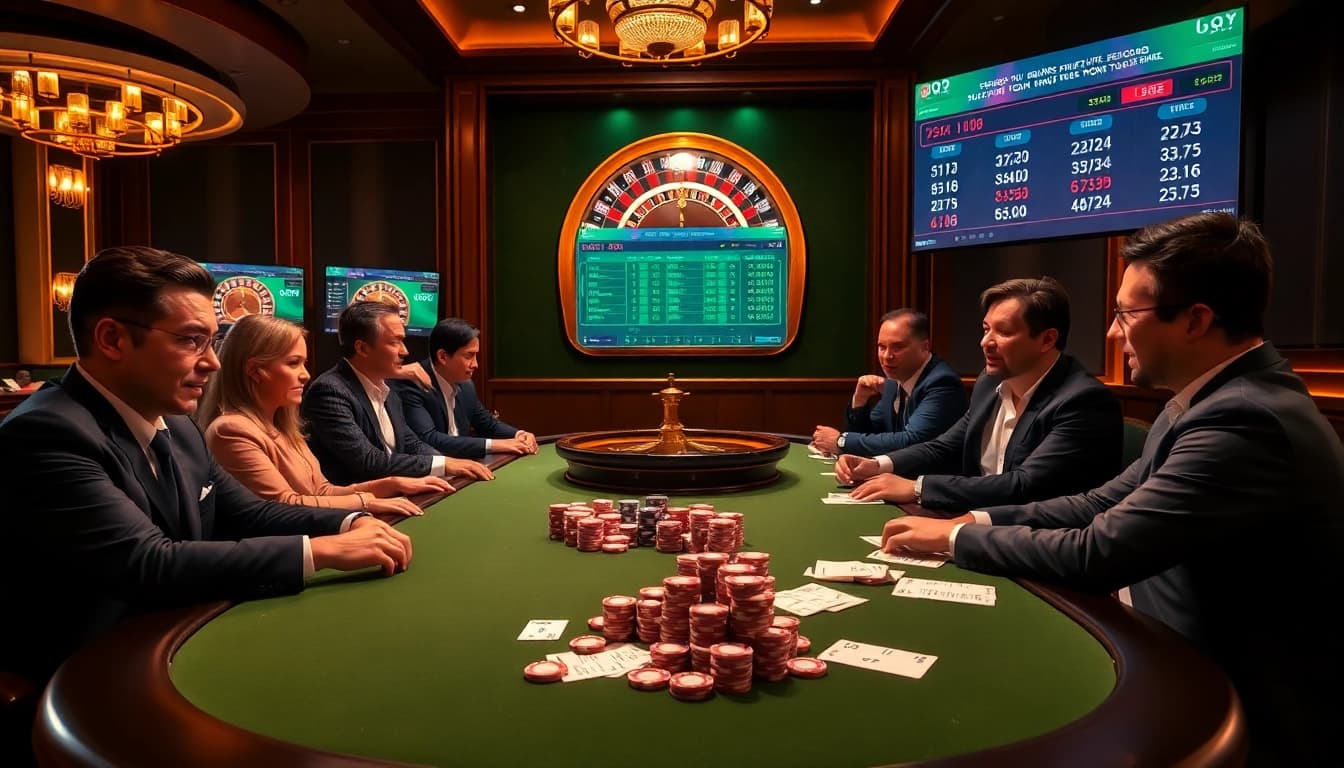 Dynamic betting scene showcasing keobongda odds at a luxurious casino's poker table with passionate players.