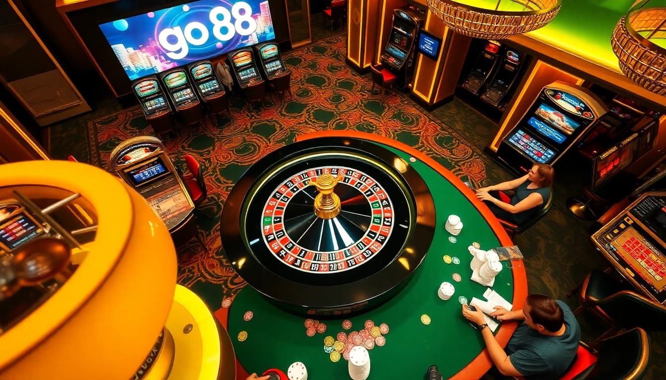 Action-filled casino scene highlighting go 88 with players engaging around roulette and slots.