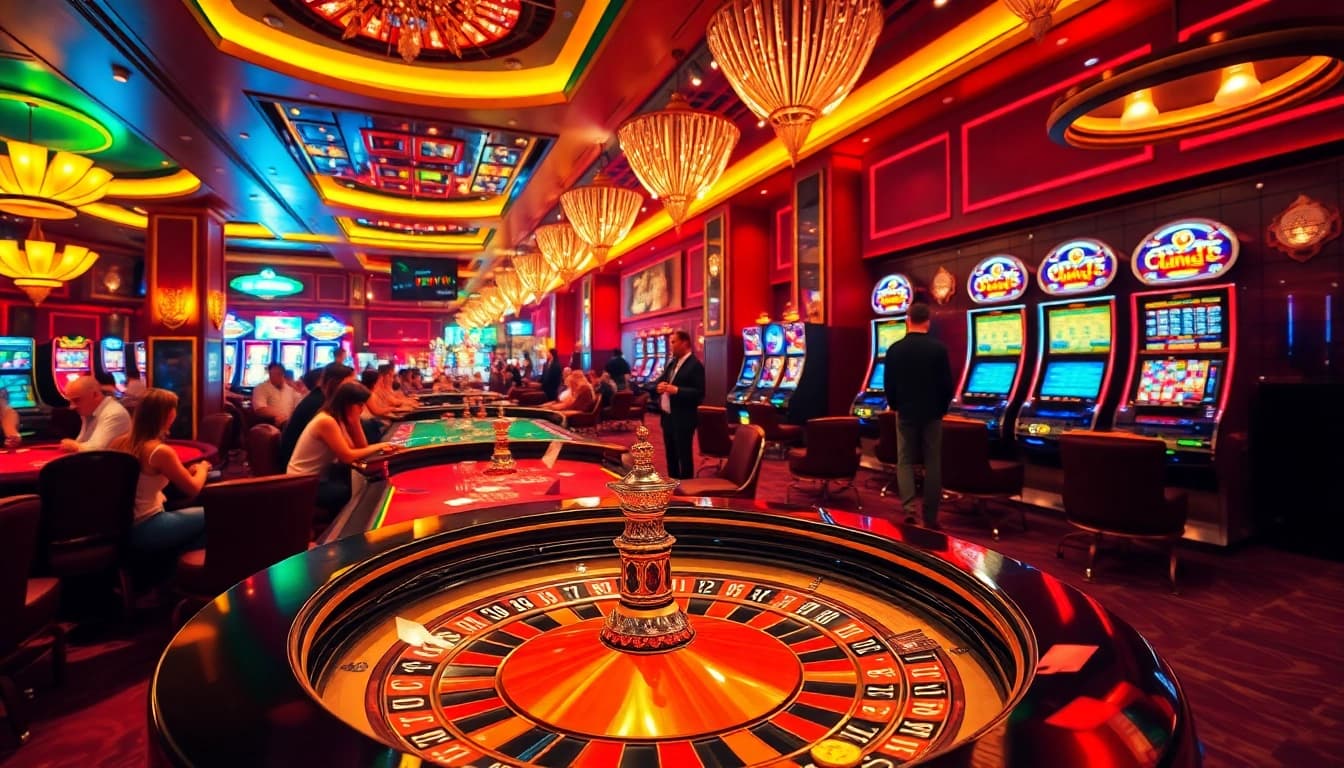 Players enjoying an electrifying gambling experience at 69VN, featuring roulette, poker tables, and vibrant slot machines.