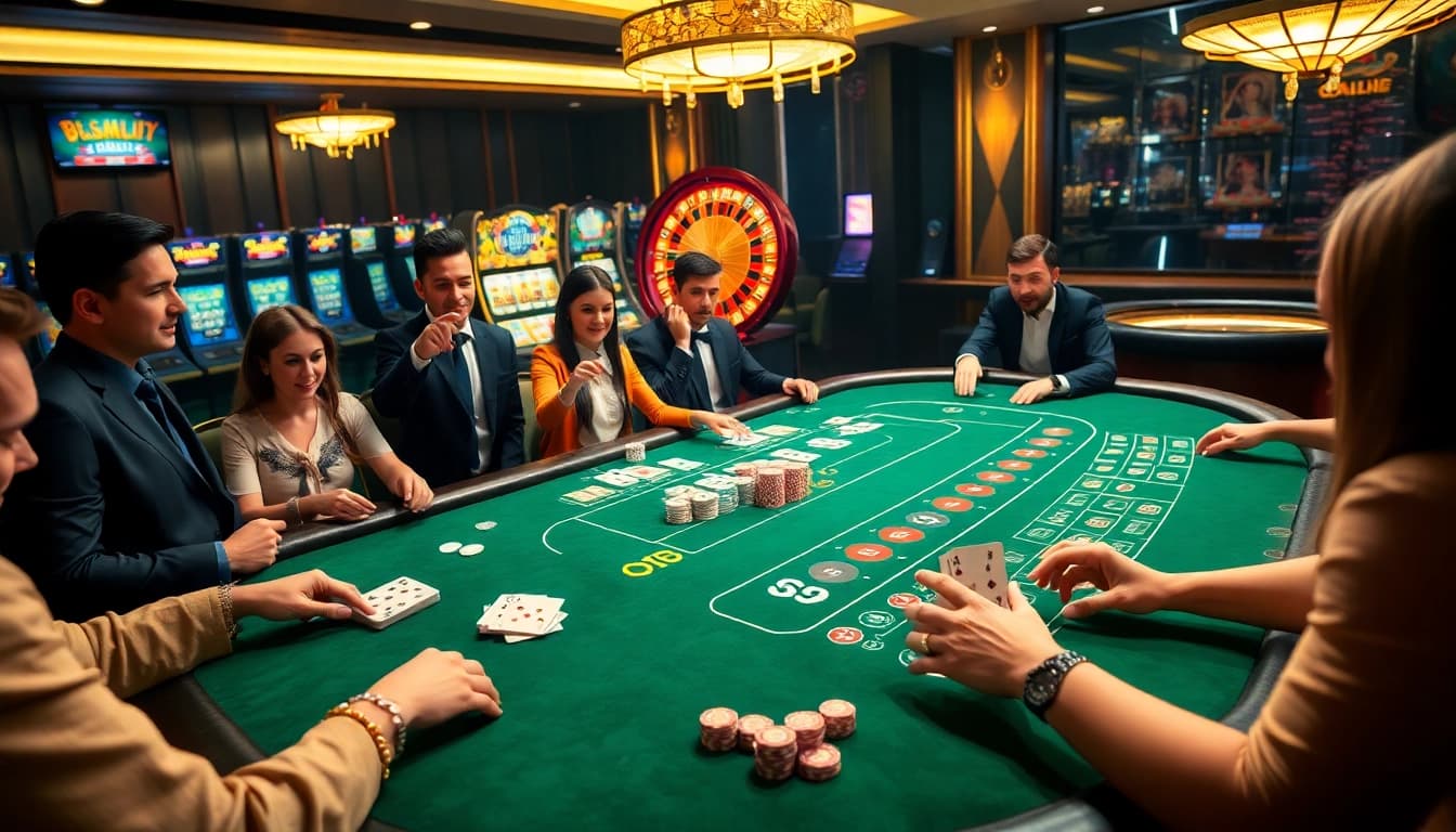 Players enjoying intense poker action at b52club gaming table, surrounded by vibrant casino ambiance.