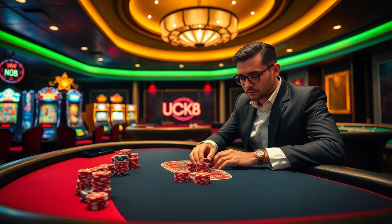 LUCK8-themed casino scene with poker, slots, and roulette elements exemplifying excitement.