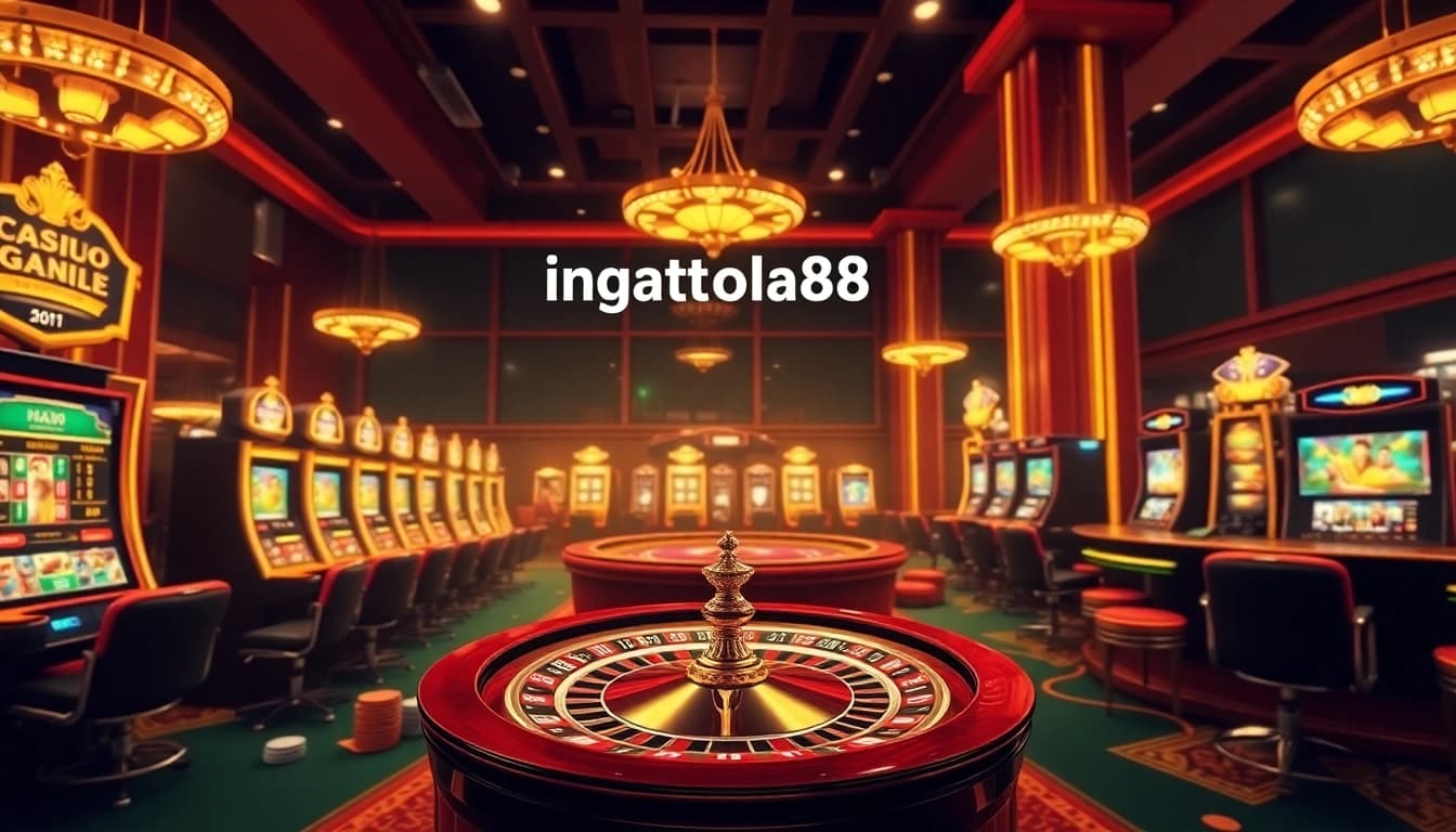 Experience the excitement of ingatbola88 with captivating casino visuals showcasing vibrant games and luxury.