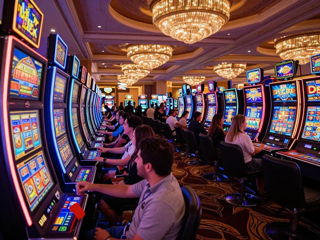 Engaged players spinning reels at vibrant FC88 slot machines in a bustling casino