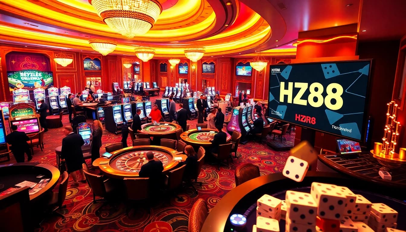 Players celebrating wins at the upscale casino HZ88 engaging with tables and slots.