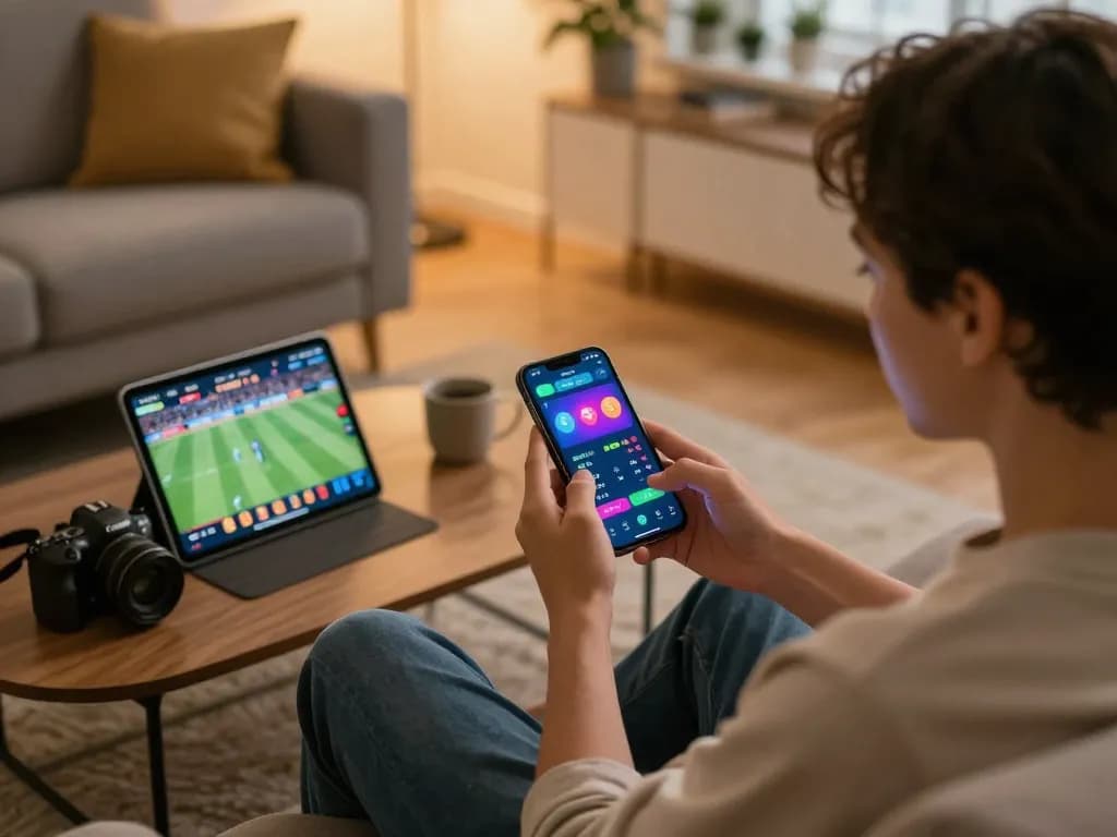 Engaging with the xem thêm open88 betting app on a smartphone in a cozy home setting, highlighting online gambling strategies.