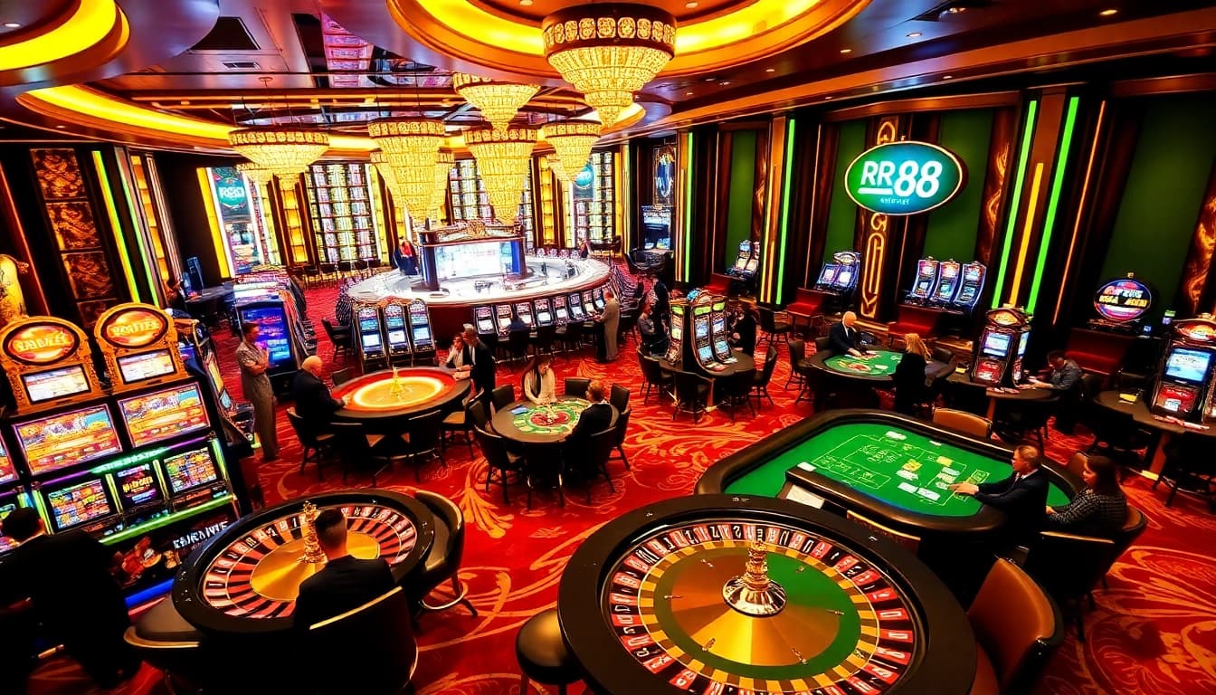 Experience thrilling games and luxurious ambiance at RR 88 casino with poker tables and roulette wheels.