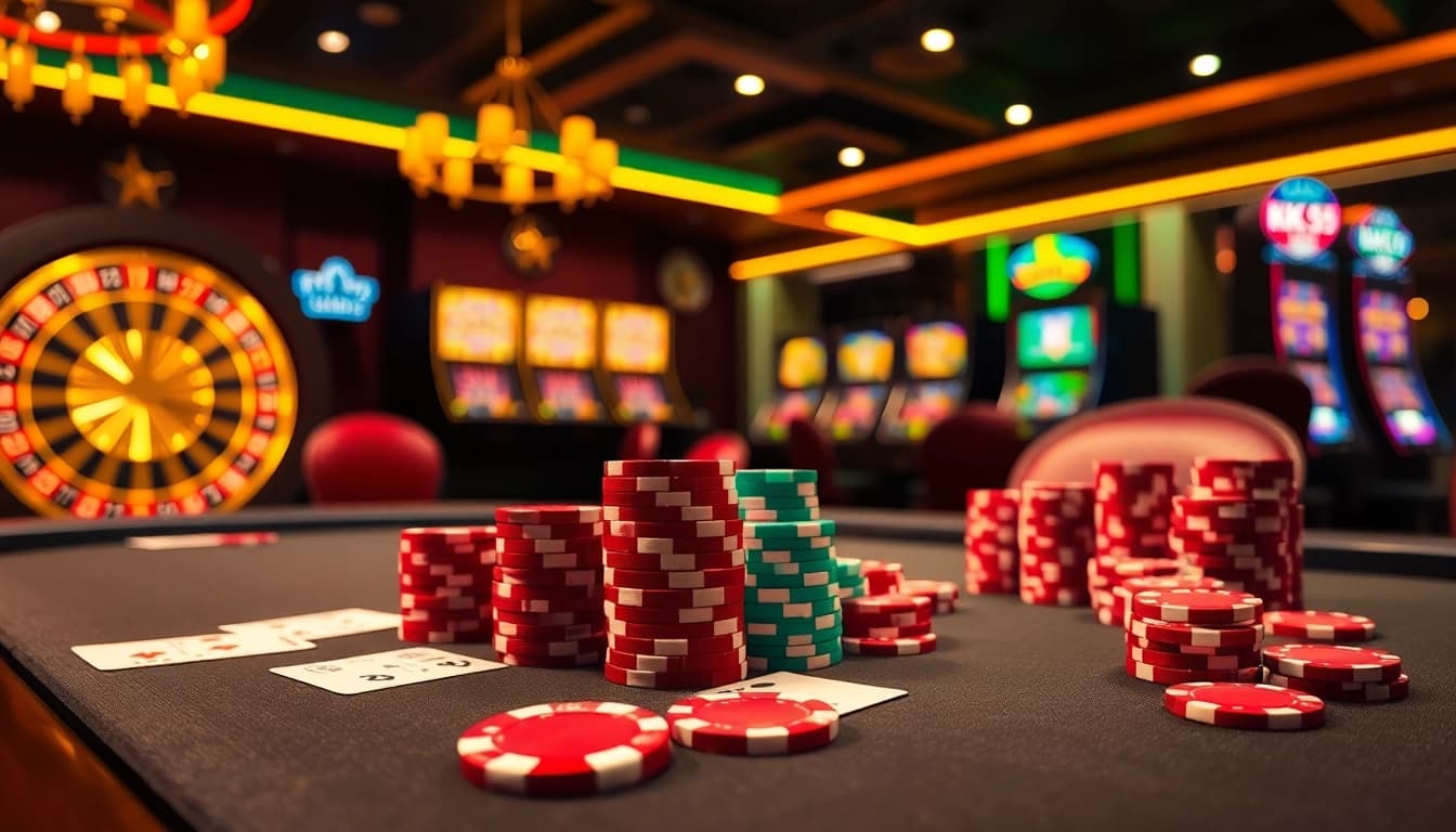 Experience the excitement of KK55 as players engage at a luxurious poker table in a vibrant casino.