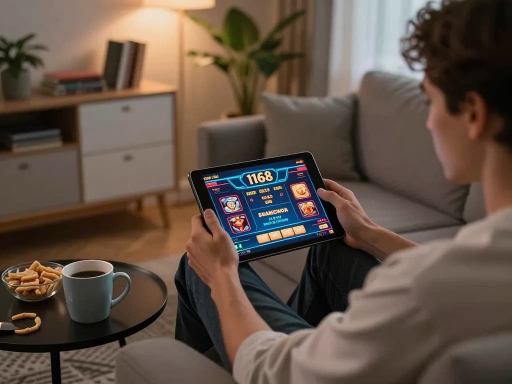 Engaging with f168 online casino on a tablet at home, showcasing strategic online gambling.