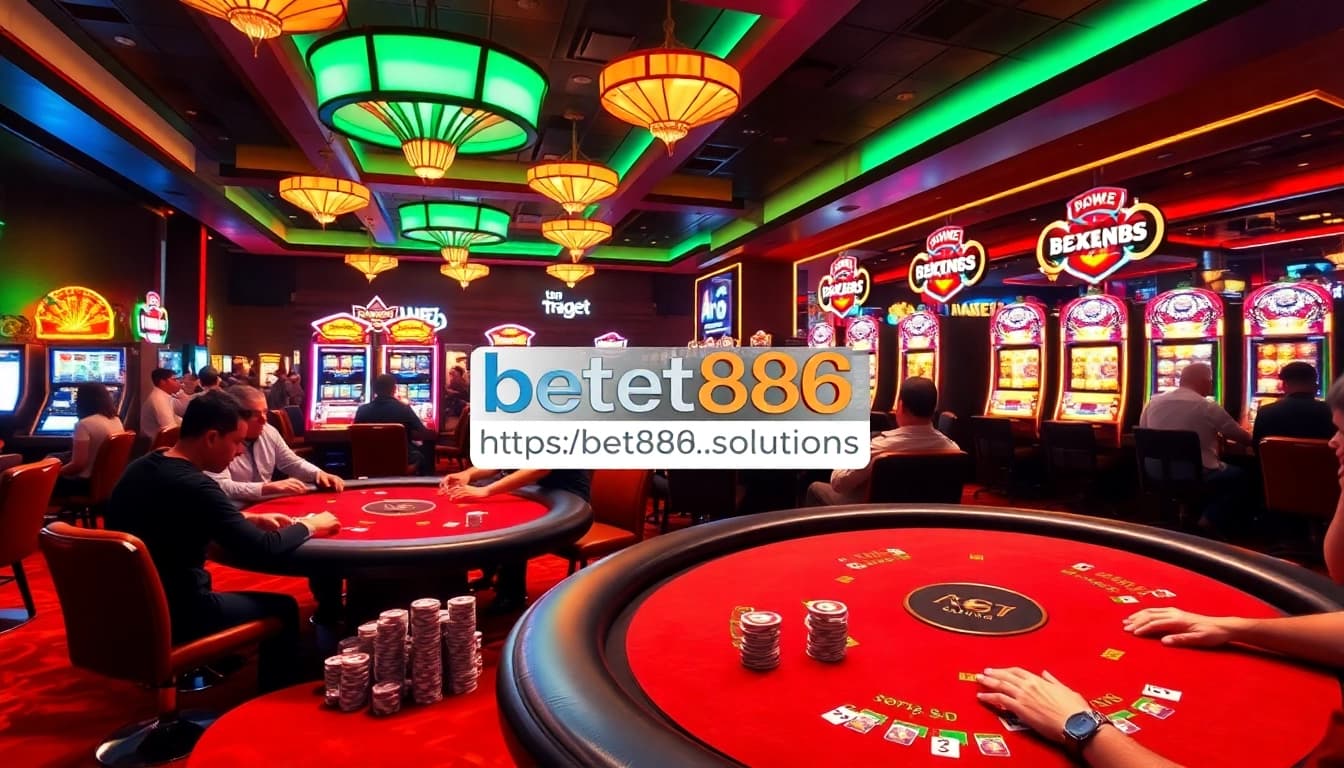 A vibrant casino scene with poker tables and slot machines at https://bet888.solutions/, showcasing players and high energy.