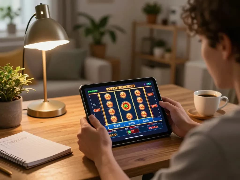 Engaging in mobile gambling at home with 88 vv, showcasing a tablet displaying slot games and strategic notes on a cozy table.