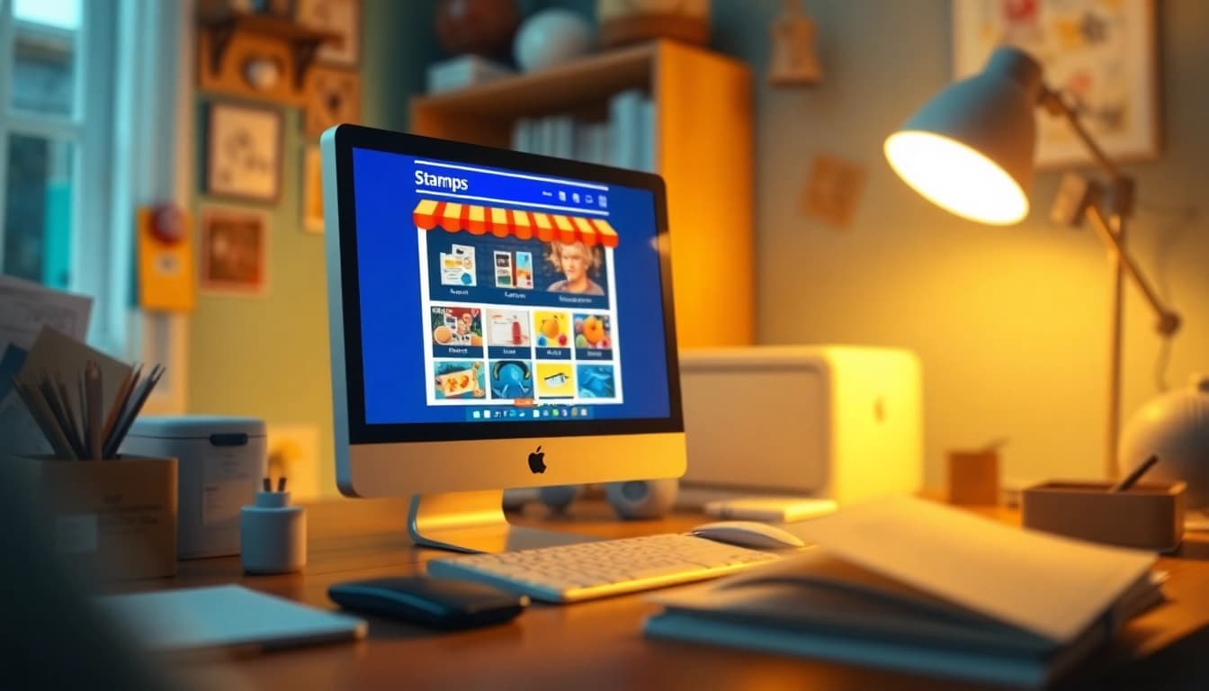 Buy stamps online easily from a cozy home office setup featuring a desktop computer.