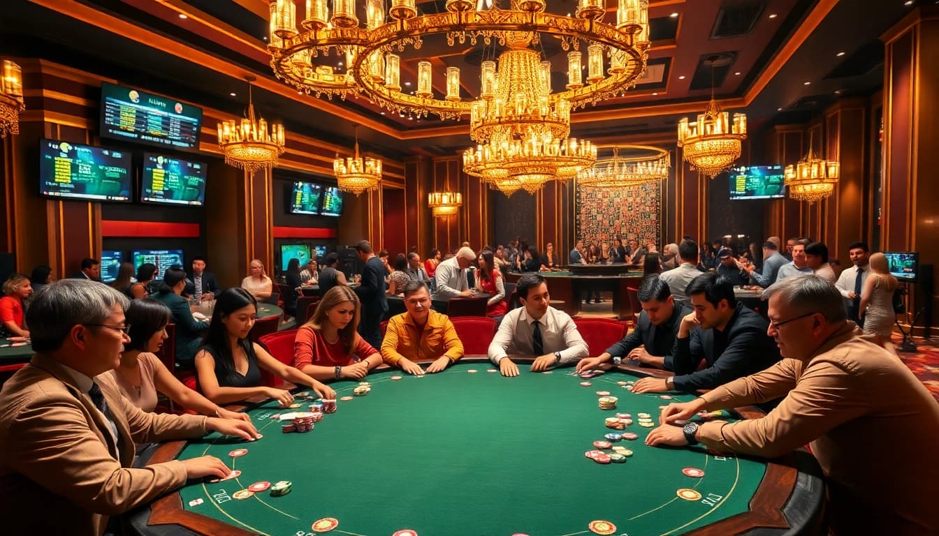 fun79 players engaging in a high-stakes poker game at an upscale casino table