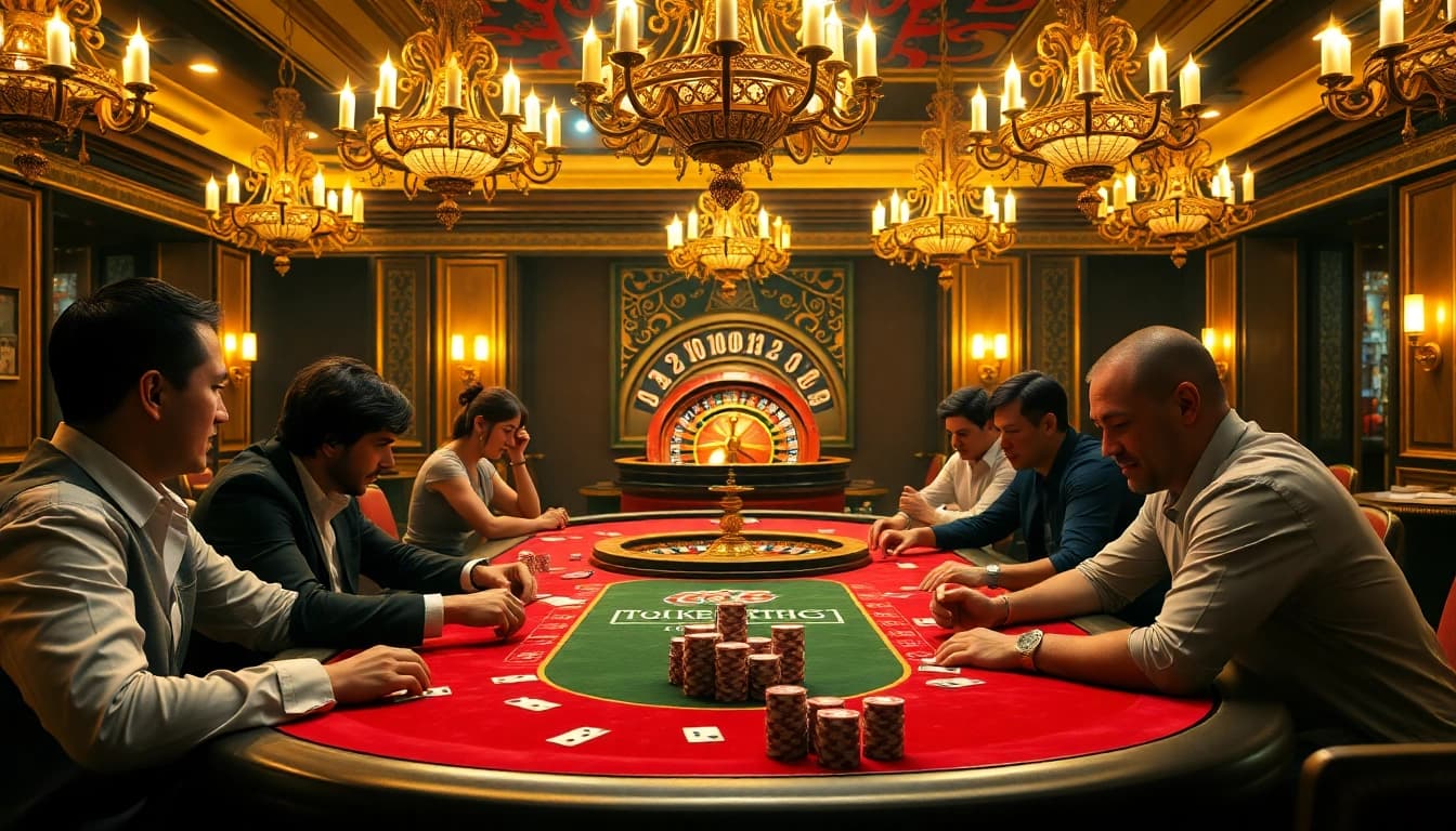 Exciting GG88 poker table scene highlighting high-stakes gambling and luxurious ambiance.