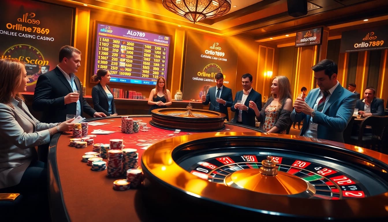 Alo789 immerses players in an exciting casino experience with vibrant poker elements and golden lighting.