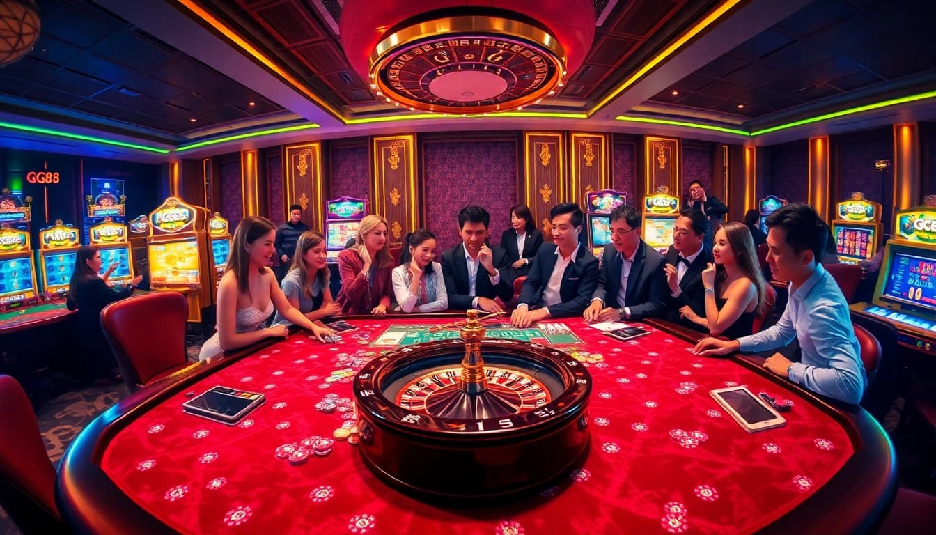 Players enjoying a thrilling game at the GG88 casino table with vibrant chips and slot machines.