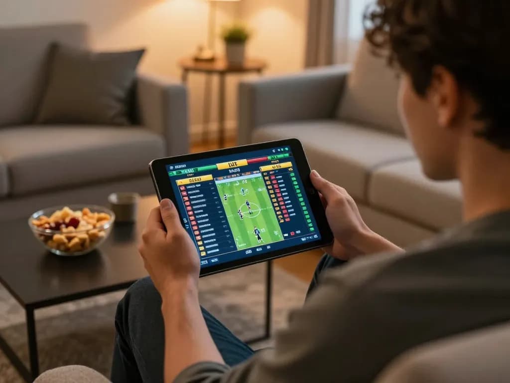 Engaging in sports betting on FO88 via tablet, showcasing live odds and cozy atmosphere.