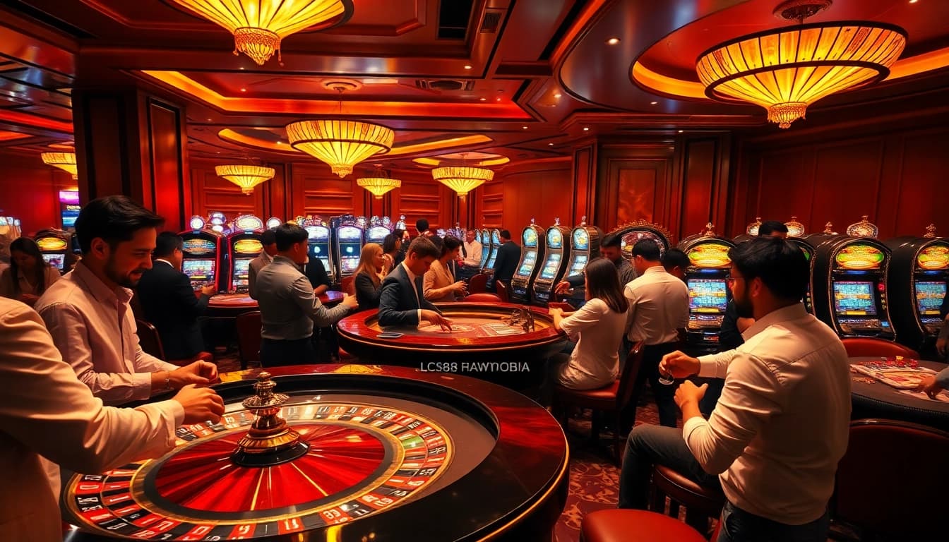 Gamblers engaging in thrilling casino games at a luxurious venue, emphasizing lc88 experience.