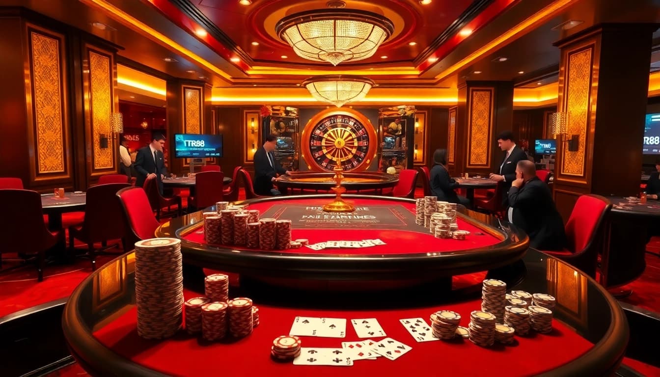 Gamblers enjoying a thrilling poker game at TR88 casino with vibrant decor and luxury ambiance.