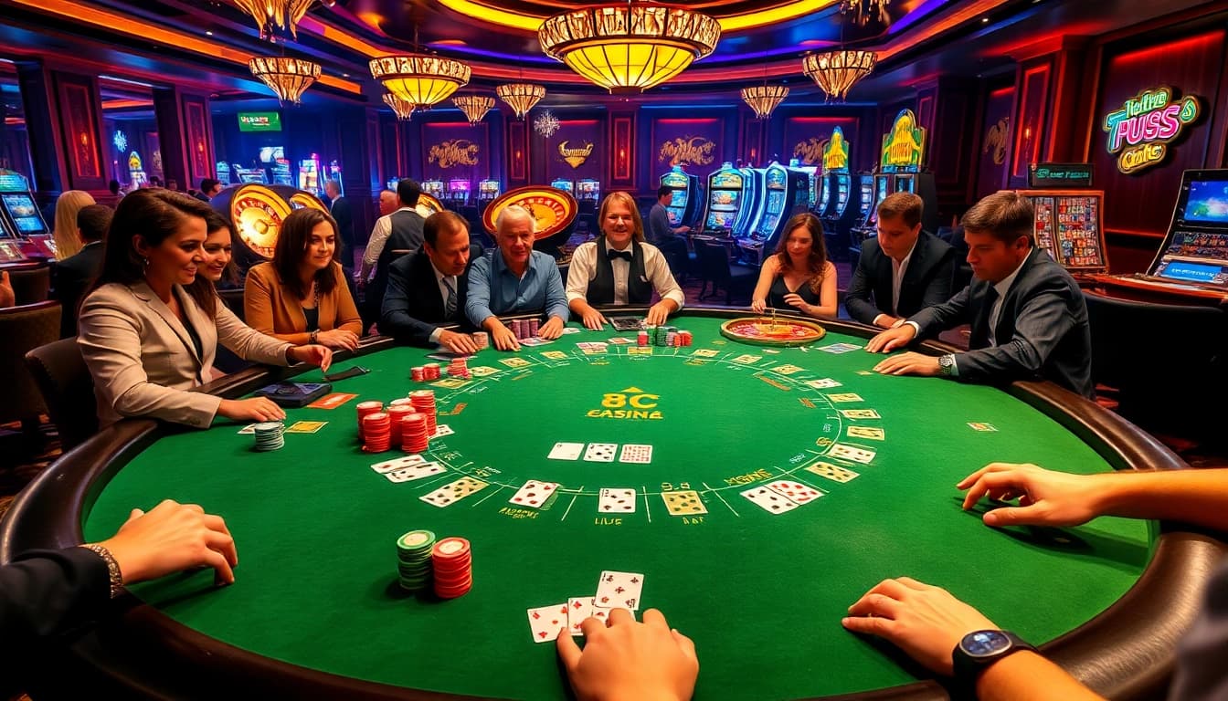 Exciting casino scene highlighting the vibrant gameplay at https://five88bc.com/, showcasing blackjack action and roulette thrills.