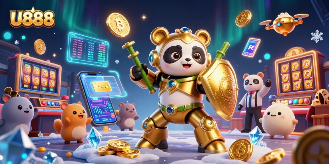 Experience U888's vibrant casino atmosphere with a golden panda battling for riches amidst neon crypto coins.