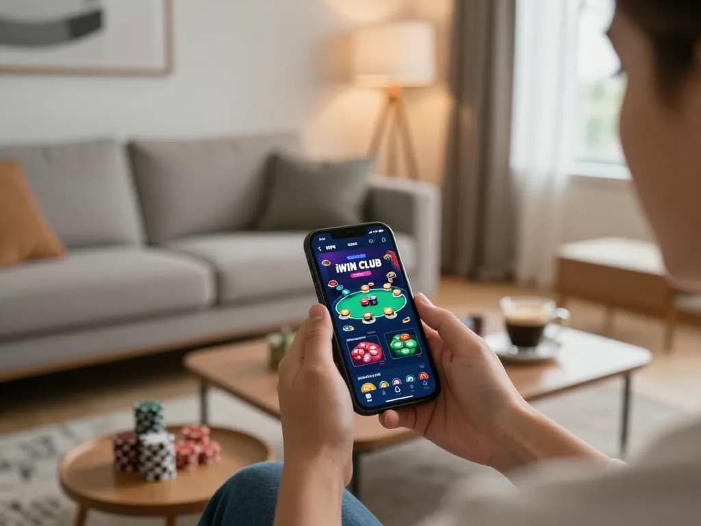 The user enjoys engaging gameplay on the iwinclub mobile app in a cozy home setting.
