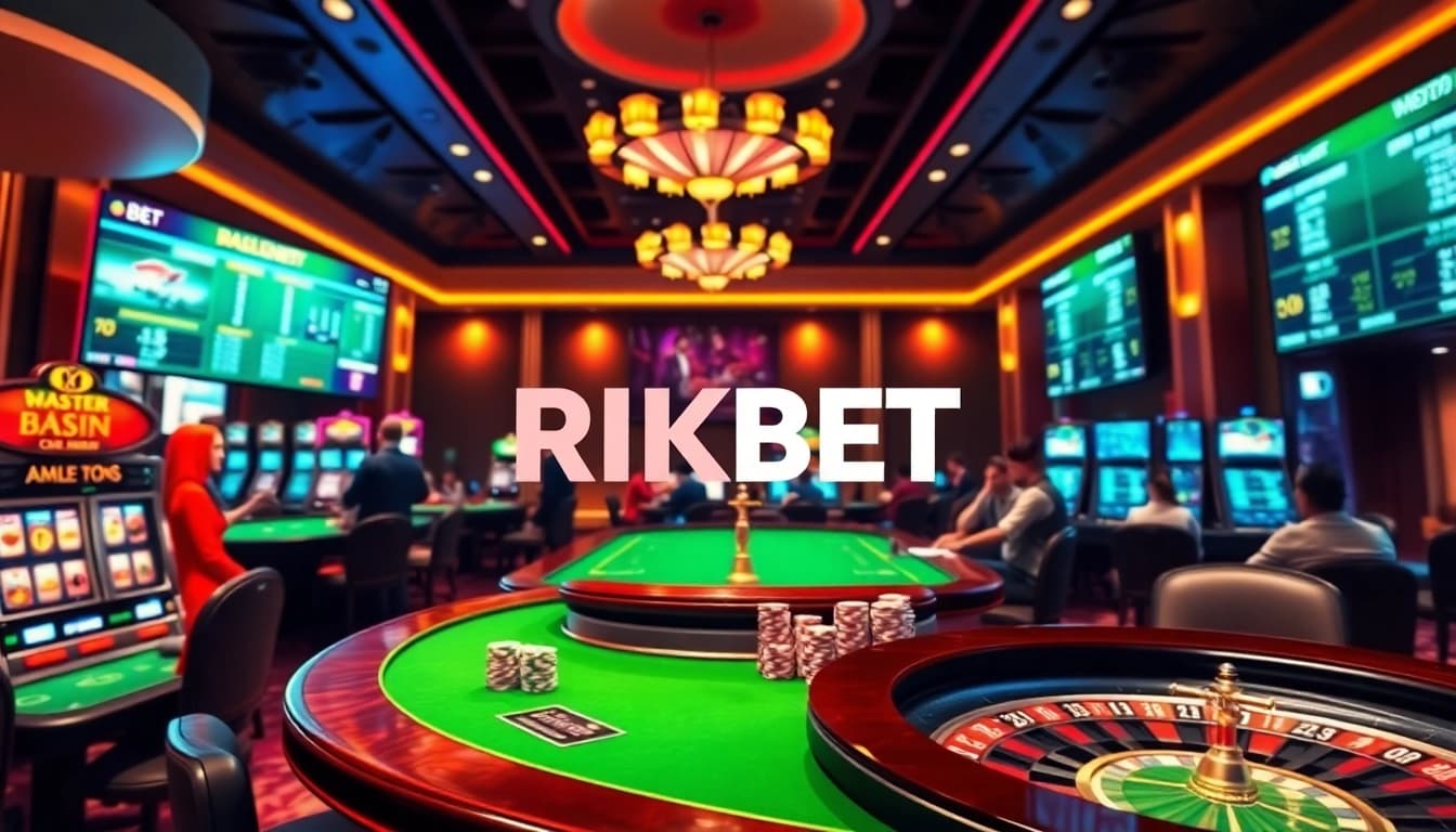 RIKBET gambling experience with vibrant casino tables, poker chips, and roulette.