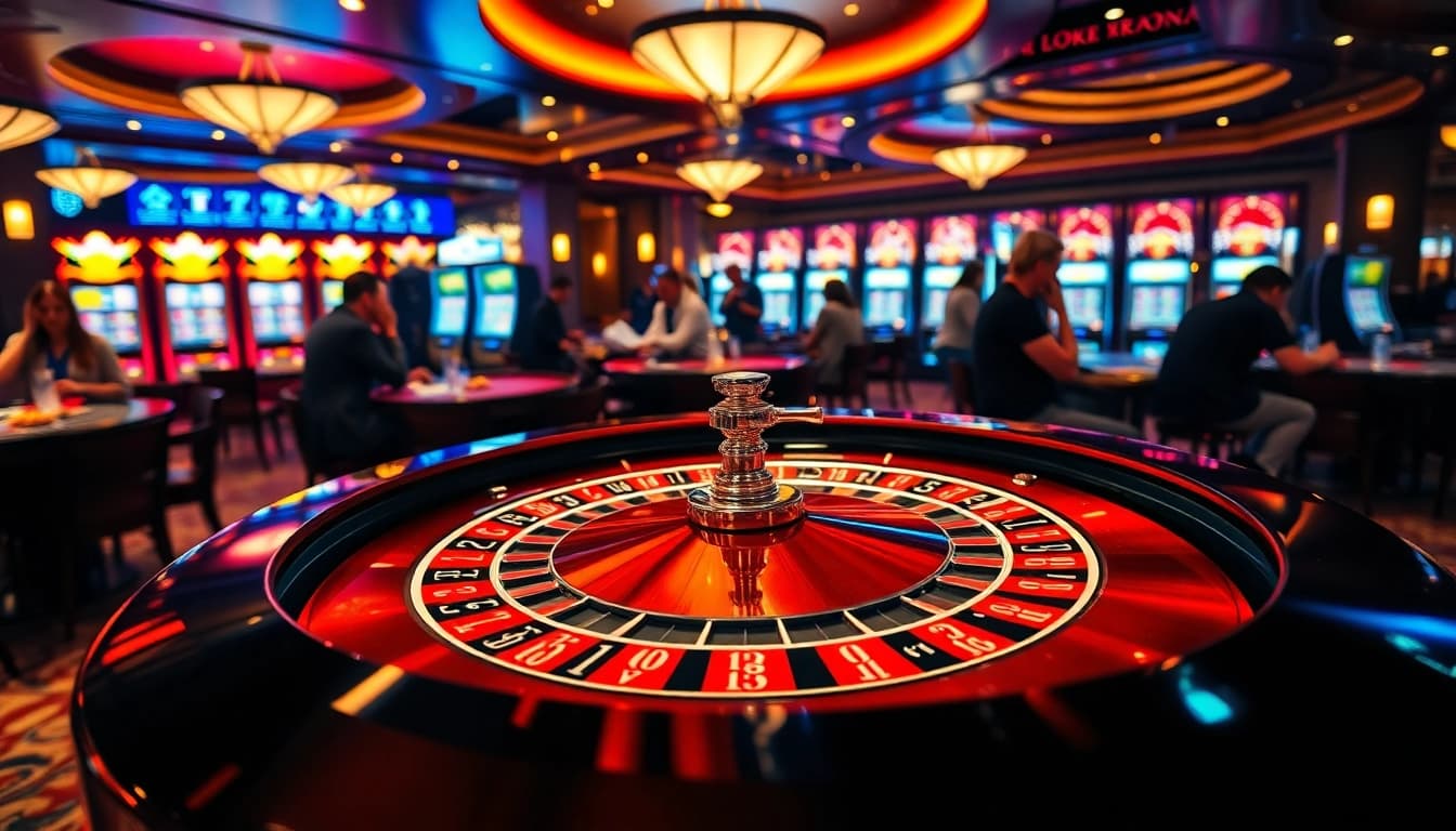 Excited players betting at a luxurious casino table, engaging on https://debet23.com/ with vibrant chips and cards.