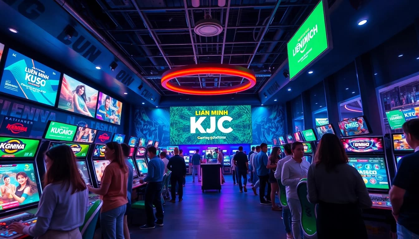 Vibrant gaming lounge scene featuring LIÊN MINH KJC logo, showcasing excitement and community engagement.