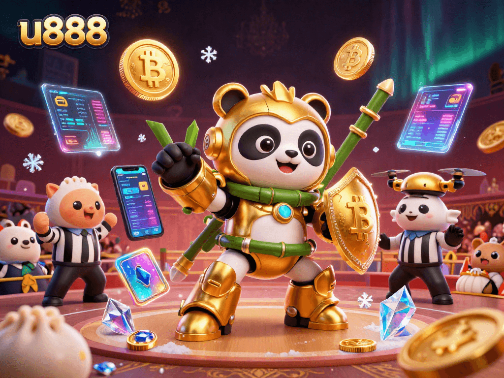 Join the excitement at u888 with a mech-suit golden panda battling in a dynamic casino arena.