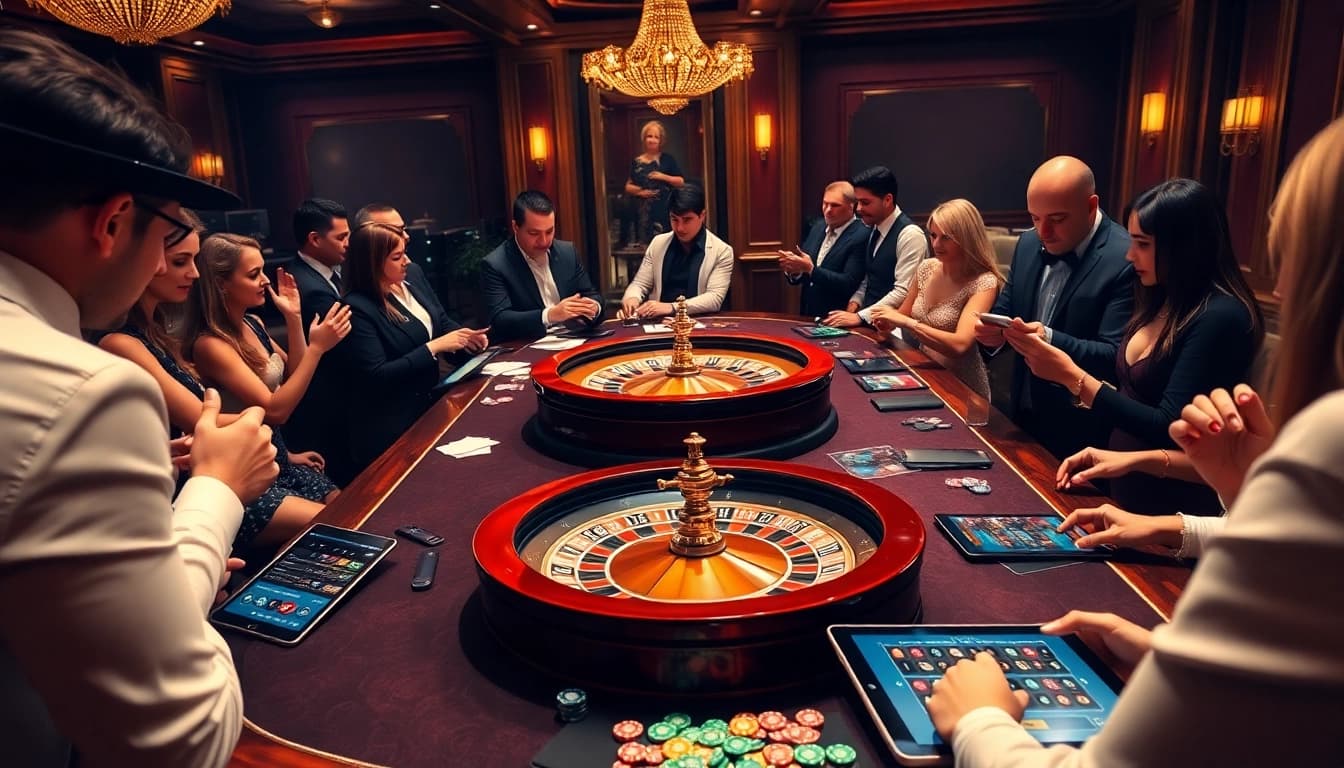 A lively casino scene showcasing nhà cái 39bet with players excitedly engaging at a table surrounded by vibrant decor and betting elements.