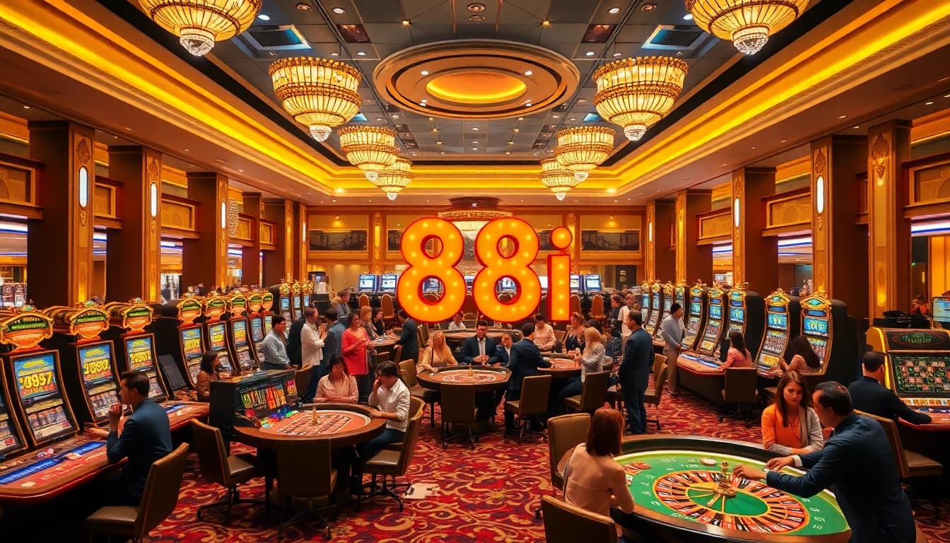 Players celebrating wins at a luxurious casino featuring the illuminated 88i number.