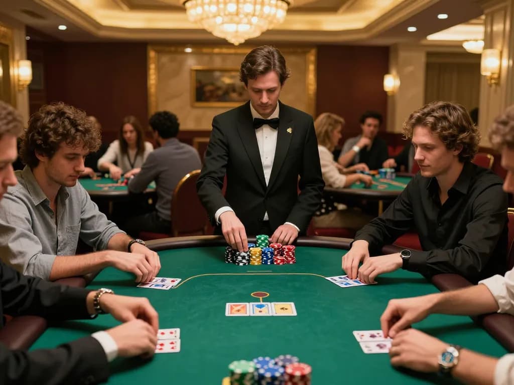Players strategize at a high-stakes poker game on N188 com, showcasing intense gameplay and vibrant casino atmosphere.