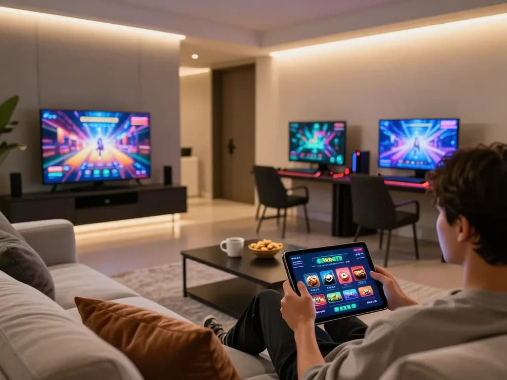 Experience immersive gaming on 8kbet with a stylish home setup featuring a tablet and vibrant graphics.