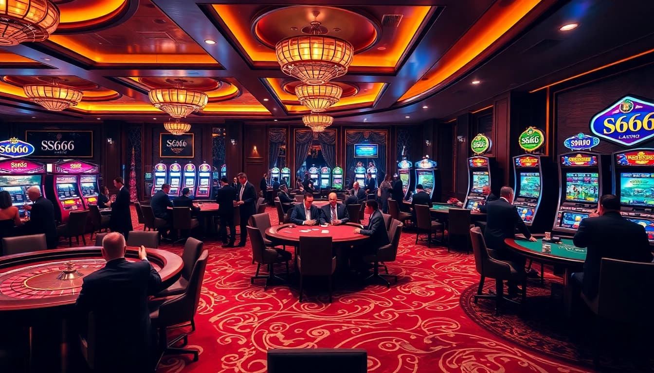 S666 casino patrons engaged in exciting table games and slot machines within a luxurious setting.