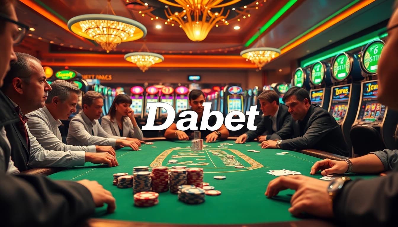 Dabet enhances your poker experience at a thrilling casino table with vibrant chips and focused players.