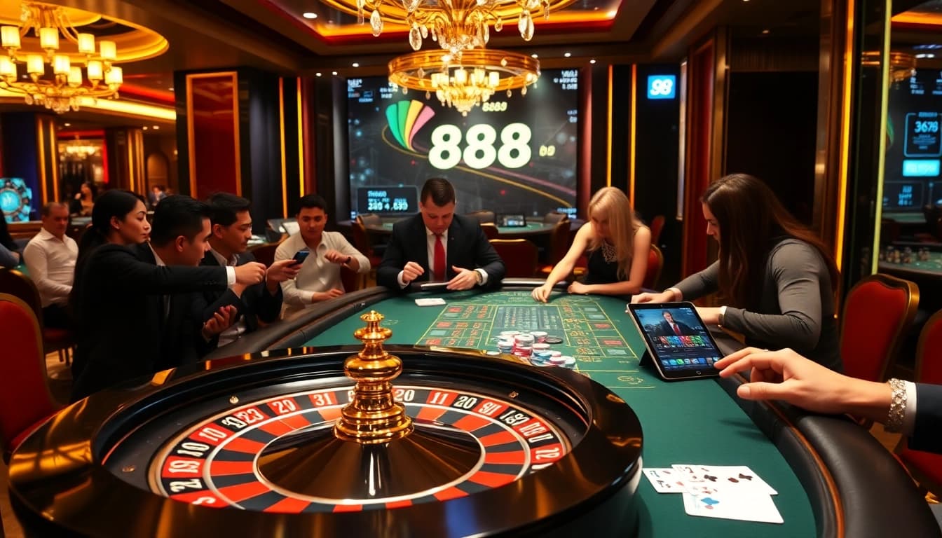 A thrilling gaming experience at 888b casino featuring poker, roulette, and vibrant chips.