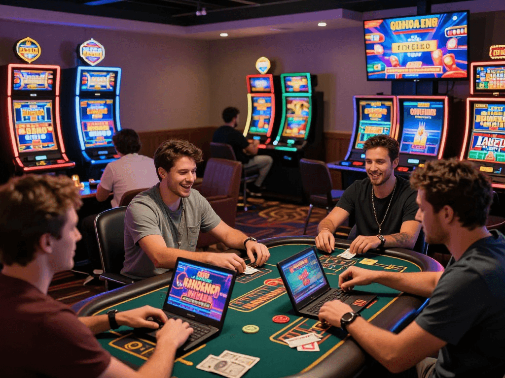 Players enjoying the thrill of US casinos for UK players in a vibrant gaming lounge, showcasing diverse options and exciting interactions.