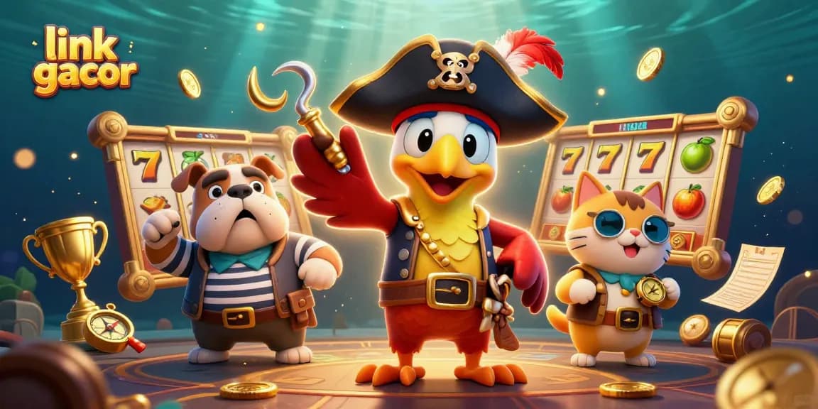 Experience thrilling gameplay with link gacor as pirate characters navigate a vibrant casino scene filled with dynamic slot elements.