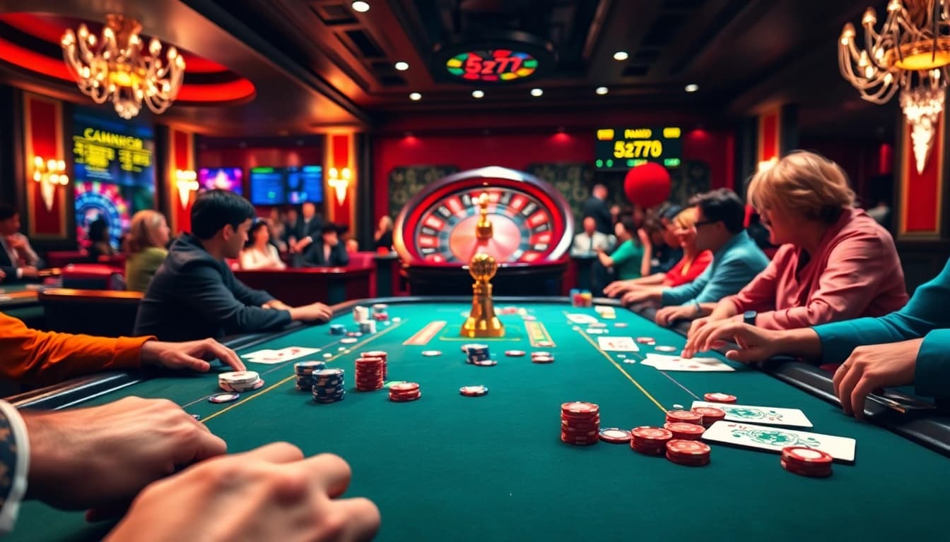 Players enjoying an exciting poker game at a vibrant casino table, 5z777-themed ambiance.